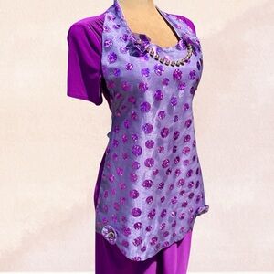 Handmade Hostess Apron Purple‎ Sequin Print Tie Back Faux Gold Bead Necklace OS